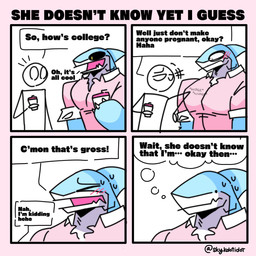 ambiguous_gender anthro black_sclera blue_body blush blush_lines bodily_fluids clothing container countershade_face countershade_neck countershading cup dialogue dot_eyes duo emanata eye_contact eyes_closed fin front_view gills head_fin holding_container holding_cup holding_object looking_at_another male multicolored_body muscular muscular_anthro muscular_male narrowed_eyes neck_gills nervous nervous_sweat onomatopoeia pink_background pink_clothing pink_shirt pink_topwear pupils shirt simple_background simple_eyes slit_pupils sound_effects speech_bubble stick_figure surprised sweat sweaty_face text thought_bubble topwear two_tone_body white_background white_body white_countershading white_eyes wide_eyed yellow_eyes skykdotidot sky_k.i._(character) aquatic fish shark 1:1 2024 artist_name bust_portrait comic digital_drawing_(artwork) digital_media_(artwork) english_text half-length_portrait hi_res one_page_comic portrait brother_(lore) brother_and_sister_(lore) female_(lore) sibling_(lore) sister_(lore)