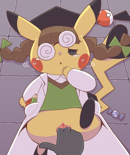 accessory anus biped bipedal_feral bodily_fluids bow_ribbon braided_hair brown_hair candy cheek_spots clitoral_hood clitoris clothing coat cosplay_pikachu_(costume) dessert disembodied_hand duo eyewear female female_feral female_fingered female_focus feral feral_fingered feral_focus fingering food fur genitals glasses graduation_cap hair hair_accessory hair_bow hair_ribbon half-closed_eyes high-angle_view inner_labia lab_coat looking_at_viewer lying lying_on_ground narrowed_eyes on_back on_ground pencil_(object) ribbons solo_focus spiral_glasses sweater sweater_vest tears topwear urethra vest vulva yellow_body yellow_fur crepix nintendo pokemon pikachu_ph._d generation_1_pokemon pikachu pokemon_(species) 2024 cel_shading digital_drawing_(artwork) digital_media_(artwork) shaded