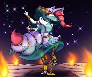 accessory anklet anthro armlet barely_visible_breasts belly_dancer bound breasts chain chained dancing desert female female_anthro fire furgonomics harem_outfit inner_ear_fluff jewelry muzzle_(object) muzzled night red_inner_ear_fluff slave solo tail tail_accessory tail_bracelet tail_jewelry tuft veil raptorroper nintendo pokemon braixen generation_6_pokemon pokemon_(species) shiny_pokemon 6:5 hi_res
