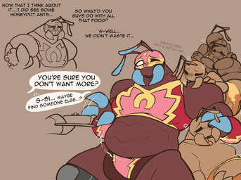 antennae_(anatomy) anthro armwear belly big_belly bloated blush blush_lines bodily_fluids clothed clothing dialogue drooling exoskeleton female female/female food group headpat heart_symbol holding_object holding_plate honeypot_belly hug knee_pads lucha_libre_mask mandibles mask musclegut muscular muscular_female petting plate question_mark rumbling_stomach saliva simple_background sitting speech_bubble spiral sports_mask sportswear stuffing sweat sweatdrop text thong topwear underwear wearing_mask wrestling_mask wrestling_outfit carameltsi rivals_of_aether la_reina_(rivals_of_aether) ti-ti ant arthropod bat honeypot_ant hymenopteran insect mammal colored hi_res spanish_text