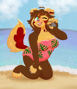 anthro beach clothing female fluffy fluffy_tail one_eye_closed pose smile solo swimwear tail wink toastd0g toast_dog bird_dog canid canine canis domestic_dog hunting_dog labrador mammal retriever hi_res pinup
