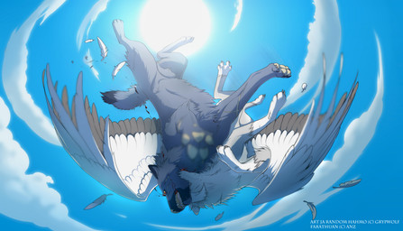 animal_genitalia blood bodily_fluids day detailed_background duo feathered_wings feathers feral fully_sheathed fur genitals grey_body grey_fur male open_mouth outside paws sheath sky sun white_body white_feathers wings grypwolf canid canine canis domestic_dog hybrid mammal 2012 digital_drawing_(artwork) digital_media_(artwork)