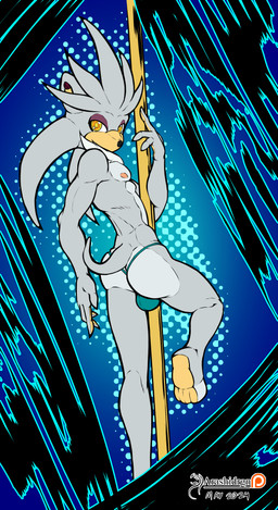 bulge clothing fur male muscular nipples nude pole stripper stripper_pole thong tongue underwear arashidrgn sega sonic_the_hedgehog_(series) silver_the_hedgehog eulipotyphlan hedgehog mammal 2025 absurd_res hi_res