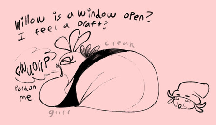 asking asking_another beak beanie belly big_belly big_butt black_clothing black_eyebrows black_eyes black_tail black_underwear burping butt butt_expansion closed_beak clothed clothed_female clothed_feral clothing creaking dialogue duo expansion eyebrows eyelashes feather_hair feathers female female_feral feral hair half-closed_eyes hat headgear headwear huge_butt hyper hyper_butt larger_female larger_feral limbless looking_at_butt name_drop name_in_dialogue narrowed_eyes no_eyebrows obese obese_female obese_feral onomatopoeia open_beak open_mouth overweight overweight_female overweight_feral pink_background pink_beak pink_beanie pink_body pink_clothing pink_feathers pink_hair pink_hat pink_headwear pink_tail polite pseudo_hair question question_mark simple_background size_difference smaller_female smaller_feral sound_effects standing tail tail_feathers text underwear unsure weight_gain octoguy angry_birds angry_birds_stella rovio_entertainment sega stella_(angry_birds) willow_(angry_birds) avian bird cockatoo columbid crowned_pigeon galah parrot pigeon 2023 digital_drawing_(artwork) digital_media_(artwork) english_description english_text sketch