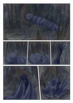 5_fingers ambiguous_gender anthro bedding biped black_body blanket cave fingers grabbing_object inside rock solo stalagmite throwing throwing_object bjekkergauken imbali_(bjekkergauken) unknown_species 2025 colored comic hi_res
