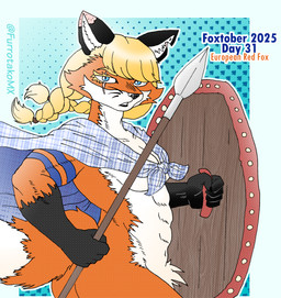 anthro blonde_hair blue_eyes bodypaint bottomwear braided_hair butt cape casual_nudity celtic celtic_tattoos claws clothed clothing collarbone countershade_face countershade_torso countershading eyelashes female hair inner_ear_fluff medieval melee_weapon muscular muscular_anthro muscular_female navel nude polearm pubes scar shield solo spear text tribal tuft weapon whiskers efradraws foxtober canid canine fox mammal red_fox true_fox absurd_res digital_drawing_(artwork) digital_media_(artwork) english_text halftone hi_res
