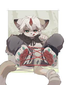 1_horn 4_fingers 4_toes anthro bangs bent_legs black_ear_tips black_nose black_shawl bottomwear chest_tuft claws clothing dipstick_ears ear_markings eyebrows feet feet_up finger_claws fingers foot_fetish foot_focus foot_play footwear forest fur green_claws green_eyes grey_background grey_bottomwear grey_clothing grey_pants hair horn inner_ear_fluff kemono looking_at_viewer lying male multicolored_ears multicolored_eyes newton's_cradle on_back outside pants pawpads paws pink_inner_ear pink_pawpads plant rags red_eyes red_horn shawl simple_background solo tail tan_body tan_ears tan_fur teasing teasing_viewer teasing_with_feet toe_claws toeless_footwear toes tongue tongue_out tree tuft white_body white_ears white_fur white_hair white_inner_ear_fluff young young_anthro young_male moyansalt domestic_cat felid feline felis mammal hi_res