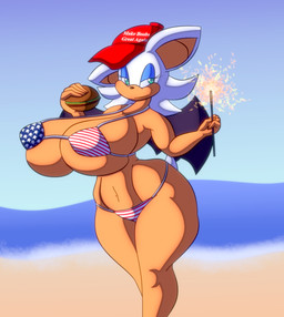 american_flag_bikini anthro baseball_cap beach big_breasts bikini bikini_bottom bikini_top blue_eyes breasts burger clothing female flag_bikini flag_swimwear food hat headgear headwear holidays huge_breasts humanoid_hands hyper hyper_breasts looking_at_viewer narrowed_eyes navel red_baseball_cap solo sparkler swimwear thick_thighs two-piece_swimsuit wide_hips chaossabre 4th_of_july make_america_great_again sega sonic_the_hedgehog_(series) rouge_the_bat bat mammal hi_res