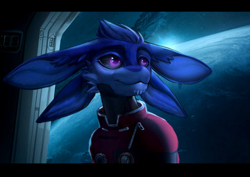 4_ears anthro black_border black_clothing black_sclera blue_hair bodysuit border clothed clothing cosmic_background countershade_face countershading detailed_background hair looking_at_viewer male multi_ear multicolored_clothing planet purple_eyes red_clothing skinsuit solo spacesuit tight_clothing two_tone_clothing window zipper red_rooster microsoft prey_(2017) benze avali 2026 bust_portrait digital_media_(artwork) hi_res portrait shaded
