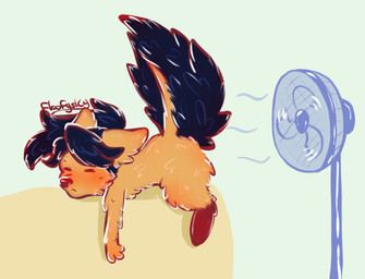 ambiguous_gender anthro blush bodily_fluids dark_hair ears_down electric_fan eyes_closed fur furniture hair lying lying_on_sofa nude on_front on_sofa orange_body orange_fur pivoted_ears ponytail simple_background sofa solo sweat floofyskydraws kenneth_(floofyskydraws) hybrid maned-wolf hi_res male_(lore)