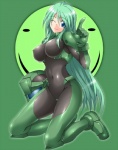 armor blue_eyes bodysuit breasts clothing emblem female green_background green_hair hair headgear helmet human_only latex long_hair not_furry one_eye_closed pilot pilot_suit simple_background skinsuit smile solo tight_clothing wink ment armored_core_(series) fromsoftware may_greenfield_(armored_core) human mammal grandfathered_content