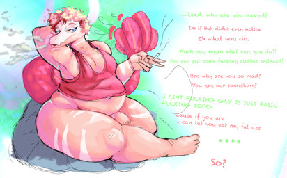 abstract_background anthro bean_bag belly big_belly bottomless bottomless_anthro bottomless_male cigarette clothed clothing dialogue drugs ellipsis feathered_tail feathers feet fingers flaccid foreskin front_view genitals glans hair half-closed_eyes holding_cigarette holding_object humanoid_feet humanoid_genitalia humanoid_penis insulting_another inviting male marijuana markings narrowed_eyes obese obese_anthro obese_male offscreen_character overweight overweight_anthro overweight_male penis pink_body pink_hair plantigrade pose profanity red_body red_clothing red_feathers red_shirt red_tank_top red_topwear seductive shirt short_hair sitting smile smoke smoking smoking_marijuana solo striped_markings stripes substance_intoxication tail talking_to_viewer tank_top text thick_thighs toes topwear wide_hips caldinie1 goodbye_volcano_high ko_op_(game_developer) reed_(gvh) dinosaur dromaeosaurid prehistoric_species reptile saurischian scalie theropod velociraptor absurd_res colored english_text hi_res pinup shaded