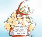 anthro blue_eyes blush conversational_sign female hanging_sign humor placard sign simple_background solo text wearing_sign dorian-bc dogshaming nintendo pokemon becky_(dorian-bc) fan_character avian bird blaziken generation_3_pokemon pokemon_(species) english_text hi_res meme