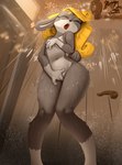 anthro aroused blonde_hair eyes_closed female genitals gloves_(marking) hair long_hair markings masturbation navel nude pussy shower solo coffekat vanilla_(coffekitten) lagomorph leporid mammal rabbit 2021 digital_media_(artwork) hi_res signature