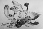 angry anthro barefoot blush bottomwear clothed clothing duo feet female inner_ear_fluff looking_back male pants shirt sitting size_difference topwear tuft feverwildehopps disney zootopia judy_hopps nick_wilde canid canine fox lagomorph leporid mammal rabbit red_fox true_fox 2016 monochrome