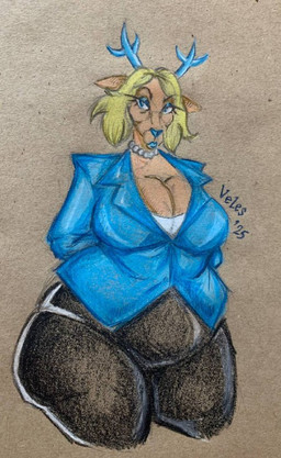 anthro antlers big_breasts black_bottomwear black_clothing blonde_hair blue_antlers blue_clothing blue_eyes blue_eyeshadow blue_lipstick blue_nose blue_topwear bottomwear breasts cleavage clothed clothing eyelashes eyeshadow female fur gem hair horn jewelry lipstick long_ears long_eyelashes makeup mature_female necklace pearl_(gem) pearl_necklace professional_clothes solo tan_body tan_fur tear_trough topwear veles_arts deltarune undertale_(series) carol_holiday deer mammal monster new_world_deer reindeer 2025 charcoal_(artwork) signature traditional_media_(artwork)