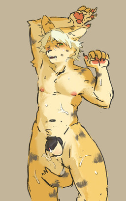 5_fingers anthro arm_tuft balls black_body black_chastity_cage black_fur blush bodily_fluids chastity_cage chastity_cage_only chastity_device chastity_device_only claws countershade_arms countershade_face countershade_fur countershade_legs countershade_thighs countershade_torso countershading cum cum_covered cum_drip cum_on_face dripping elbow_tuft finger_claws fingers fur fur_markings genital_fluids genitals green_eyes hair looking_at_viewer lying male markings messy multicolored_body multicolored_fur navel nipples nude nude_anthro nude_male on_back one_eye_closed pawpads penis pink_pawpads simple_background solo spots spotted_markings tail tan_background tuft wearing_chastity_cage wearing_chastity_device white_hair yellow_body yellow_countershading yellow_fur dogingoodmood felid feline mammal serval 2026 digital_drawing_(artwork) digital_media_(artwork) hi_res portrait three-quarter_portrait