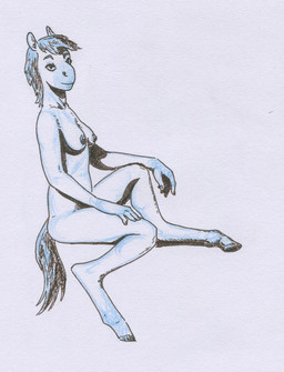 anthro areola bangs biped breasts casual_nudity female female_anthro hair hooves looking_at_viewer medium_breasts nipples nude nude_anthro nude_female pose short_hair side_view simple_background sitting solo tail unguligrade adeptus-monitus equid equine horse mammal pony full-length_portrait monochrome portrait restricted_palette shaded simple_shading traditional_media_(artwork)