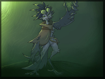 anthro bird_legs black_body black_feathers cape clothed clothing eyewear fanny_pack feather_hair feathers female glasses green_eyes grey_body grey_feathers hazard_symbol pantsless pseudo_hair radiation_symbol solo symbol tail tail_feathers winged_arms wings toxicrow fan_character avian bird corvid oscine passerine 4:3 digital_drawing_(artwork) digital_media_(artwork) hi_res