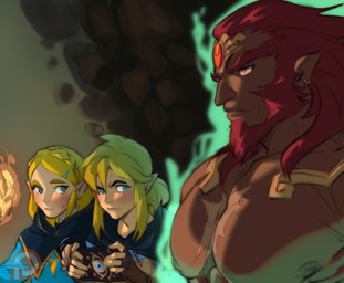aura beard blonde_hair blue_eyes blush braided_hair circlet cloak clothed clothing dark_body dark_skin ear_piercing ear_ring eyebrows facial_hair female fingerless_gloves fire gloves green_eyes group hair handwear holding_object humanoid_pointy_ears light_body light_skin looking_at_another looking_at_muscles male male_focus muscular muscular_humanoid muscular_male nipples not_furry pecs piercing pointy_ears red_hair ring_piercing rock sheikah_slate shirt simple_background stare tablet_computer topless topless_male topwear torch trio yellow_eyes kukumomo breath_of_the_wild girl_staring_at_man's_chest nintendo the_legend_of_zelda ganondorf link princess_zelda elf gerudo humanoid hylian mammal 2021 meme signature