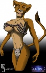 anthro anthrofied armor bikini_armor bone bone_armor breasts chain female skeletal_hand skull solo tail tail_tuft text tuft unconvincing_armor samoht disney the_lion_king zira_(the_lion_king) felid lion mammal pantherine english_text