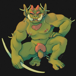 armpit_hair body_hair boomerang chest_tuft crouching ear_piercing eyebrows facial_piercing feet green_body green_skin hair humanoid_feet long_ears male muscular muscular_male nipple_piercing nipples nose_piercing not_furry orange_hair orange_nipples pecs piercing plantigrade pubes simple_background small_eyes solo thick_eyebrows tuft tusks warrior ravuer humanoid orc 1:1 hi_res