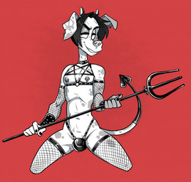 anthro armwear bracelet clothing collar ear_piercing ear_ring facial_piercing fishnet_armwear fishnet_clothing fishnet_legwear harness horn jewelry leather leather_clothing leather_harness leather_thong leather_underwear legwear lip_piercing male nipple_piercing nipples nose_piercing nose_ring occult_symbol pentagram pentagram_harness piercing pitchfork red_background ring_piercing simple_background smile smirk smug smug_face smug_grin solo spade_tail studded_bracelet studded_collar studded_jewelry studs symbol tail thong tools underwear cadaverrdog hooch_(cadaverrdog) canid canine canis dalmatian domestic_dog mammal black_and_white hi_res monochrome