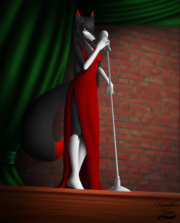 anthro black_body black_fur black_hair clothing detailed_background dress electronics female fur green_eyes hair inside microphone red_body red_fur singer solo spotlight stage white_body white_fur vermillion_vixen felicity_longis canid canine fox mammal absurd_res hi_res