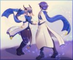 anthro antlers blue_body blue_fur blue_hair boots bottomwear clothing coat dancing duo footwear fur grey_hair hair horn male musical_note musical_symbol one_eye_closed pants purple_eyes scar scarf shoes smile symbol topwear white_body white_fur digitalteru vocaloid azul_alexander kaito_(vocaloid) deer human mammal 2020 hi_res