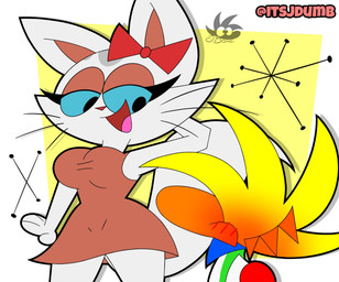 anthro beak black_eyes blonde_hair blue_sclera blush bow_ribbon breasts clothed clothing collared_shirt dress dress_shirt duo eyelashes female hair male open_mouth shirt simple_background tail topwear whiskers white_body jdone mario_bros michi_guau nintendo carlota_michimiau domestic_cat felid feline felis mammal yoshi 2025 digital_media_(artwork) hi_res