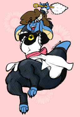 anthro big_butt butt cleaning_tool clothing collar feather_duster femboy fishnet_clothing fishnet_legwear fishnet_topwear legwear looking_at_viewer maid_uniform male smile smiling_at_viewer solo thick_thighs topwear uniform wide_hips heftyhoard bluetooth_the_kobold kobold scalie hi_res