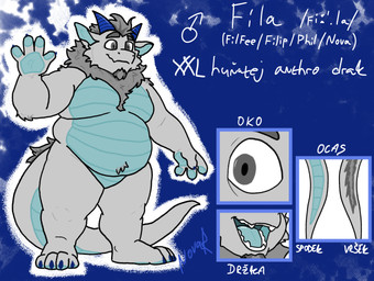 anthro belly blue_belly blue_chest blue_claws blue_horn blue_pawpads claws facial_hair fur goatee grey_body grey_eyes grey_fur horn male neck_tuft pawpads slightly_chubby solo text tuft novarexxel mythology nova_(novarexxel) dragon mythological_creature mythological_scalie scalie absurd_res czech_text hi_res model_sheet shaded simple_shading translated