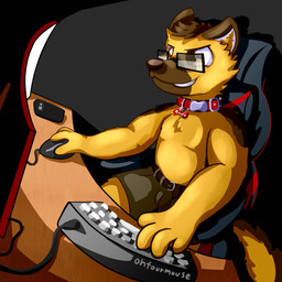 belt bottomwear cellphone chair clothing collar desk electronics eyewear furniture glasses keyboard male monitor name_tag phone shorts solo table text ohfourmouse canid canine canis domestic_dog german_shepherd herding_dog mammal pastoral_dog 1:1 2019 english_text hi_res