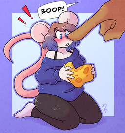 anthro blue_clothing blue_eyes blue_sweater blue_topwear blush boop breasts buckteeth clothing dialogue disembodied_hand duo female holding_cheese kneeling simple_background surprised sweater tail teeth text topwear 2b-labs mammal mouse murid murine rodent 2025 digital_media_(artwork) english_text hi_res