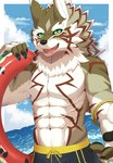 abs anthro athletic athletic_anthro athletic_male bottomwear canid canine canis clothing fur green_eyes hi_res jackal kiramofu lifewonders male mammal navel pecs seth_(tas) shirtless shorts solo striped_body striped_fur stripes swim_ring swimwear tokyo_afterschool_summoners