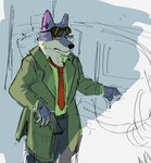 anthro bottomwear car clothing coat eyewear fur grey_body grey_fur gun male necktie pants ranged_weapon solo sunglasses topwear trenchcoat vehicle weapon yellow_eyes artxtcy friends_vs_friends dale_donovan_(friends_vs_friends) canid canine canis mammal wolf hi_res sketch