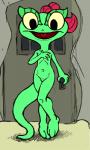 anthro covering covering_self door featureless_crotch female hair nude open_mouth red_hair solo yellow_eyes unknown_artist dreamworks lizzie_green_(dreamworks) lizard reptile scalie hi_res