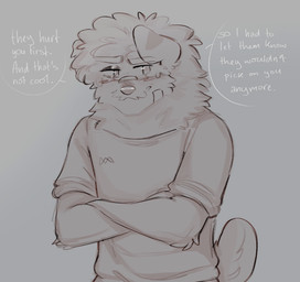 afro angry anthro bandage bandage_on_face blush bruised bruised_eye clothing crossed_arms floppy_ears grimace male nub_tail shirt solo talking_to_another text topwear young cerberussenn rj_holiday_(cerberussenn) canid canine canis domestic_dog livestock_guardian_dog mammal molosser mountain_dog pastoral_dog tibetan_mountain_dog english_text