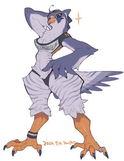 4_toes anklet anthro avian_feet barefoot beak blue_body blue_eyes blue_feathers blush blush_stickers breasts cleavage clothed clothing digit_ring eyelashes eyewear feather_hands feather_tuft feathers feet female hand_behind_head hand_on_hip jewelry low-angle_view medium_breasts navel non-mammal_breasts non-mammal_navel ring scuted_legs scutes simple_background solo striped_feathers sunglasses talons text text_on_clothing text_on_topwear thick_thighs thong toe_ring toes topwear tuft underwear white_background wide_hips wristband sanjiro avian bird falcon falconid peregrine_falcon 2024 dated hi_res