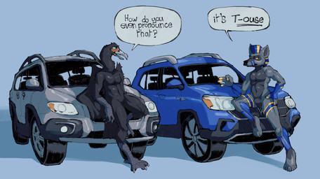 annoyed anthro beak black_body blue_background blue_body car duo facial_piercing featureless_chest featureless_crotch grey_body leaning leaning_backward leaning_on_car leaning_on_object leaning_sideways male male_anthro mohawk nose_piercing nose_ring nude_anthro nude_male orange_body piercing ring_piercing simple_background vehicle a_guy_somewhere volkswagen volvo_(car) avian bird canid canine mammal hi_res