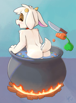 anthro butt carrot cauldron character_prepared_as_food cooking eyebrows eyes_closed fire food fur horn male nude open_mouth partially_submerged plant solo tail teeth vegetable water white_arms white_body white_butt white_ears white_fingers white_fur white_hands white_tail young young_anthro ajin bovid caprine goat mammal hi_res