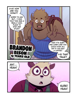 2_horns 5_fingers anthro backpack blush bottomwear brown_body brown_fur character_age clothing dialogue duo fingers fur gesture horn love_at_first_sight male open_mouth shirt shy sparkles tan_body tan_fur tank_top text topwear waving whiskers wide_eyed t0l0k brandon_(t0l0k) miguel_(t0l0k) bison bovid bovine herpestid mammal meerkat character_name comic english_text hi_res