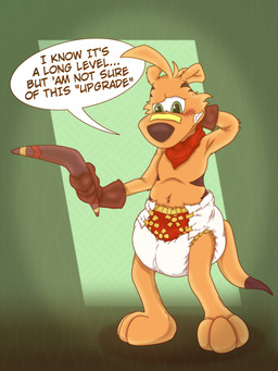 ageplay anthro big_feet blush blush_lines boomerang brown_clothing brown_gloves brown_handwear clothed clothing conjoined_eyes dialogue diaper feet fur gloves green_background green_eyes hand_behind_head handwear holding_object holding_weapon kerchief male orange_body orange_fur paws red_kerchief roleplay simple_background solo speech_bubble tail text topless weapon wearing_diaper white_diaper f3lixc4tus ty_the_tasmanian_tiger_(series) ty_the_tasmanian_tiger dasyuromorph mammal marsupial recently_extinct_species thylacine 2025 absurd_res digital_drawing_(artwork) digital_media_(artwork) english_text hi_res
