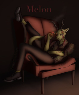 anthro blood blood_on_face bodily_fluids bottomwear brown_background chair cigarette clothed clothing collared_shirt crossed_arms dress_pants dress_shirt dress_shoes feet footwear fur furniture green_body green_fur holding_object horn legs_up lit_cigarette looking_at_viewer lying male on_back pants pivoted_ears raised_leg shirt shoes simple_background smile smiling_at_viewer smoke smoking solo suspenders tail text topwear lewis_everheart beastars melon_(beastars) antelope bovid felid gazelle hybrid leopard mammal pantherine colored digital_media_(artwork) english_text hi_res shaded signature