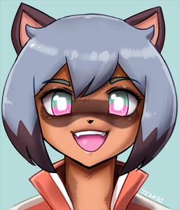 anthro blue_hair brown_body brown_fur clothing eyebrow_through_hair eyebrows eyelashes facial_markings fangs female fur hair head_markings looking_at_viewer markings mask_(marking) open_mouth short_hair solo teeth translucent translucent_hair john_joseco brand_new_animal studio_trigger michiru_kagemori canid canine mammal raccoon_dog 2021 bust_portrait digital_media_(artwork) portrait shaded