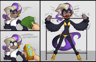 annoyed anthro ball_gag bikini black_border blonde_hair border bored bound clothing cuffs_(clothing) disembodied_hand ear_piercing eyebrow_piercing eyewear facial_piercing female flat_chested fur gag glasses gold_bikini gold_nails gold_shoes golden_lipstick grey_background grey_body grey_fur hair highlights_(coloring) holding_money holding_object lipstick makeup money navel piercing purple_highlights simple_background solo swimwear text topwear two-piece_swimsuit white_clothing white_topwear wide_eyed yellow_eyes cuttlehonk donkey_kong_(series) nintendo poppy_kong haplorhine kong mammal monkey primate comic hi_res