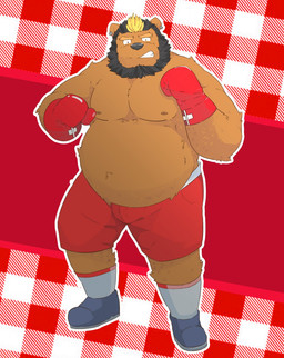 anthro beard belly black_nose bottomwear boxing boxing_gloves brown_body brown_fur clothing facial_hair fur handwear kemono male moobs nipples overweight overweight_anthro overweight_male shorts solo sport andikapatok bear mammal 2015 hi_res