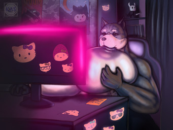 anthro big_breasts breast_play breast_suck breasts female figurine gaming huge_breasts hyper hyper_breasts married married_woman muscular muscular_anthro playing_video_game post-it_note poster solo sucking writing_text ketandslaycomics hello_kitty_(series) hollow_knight_(franchise) sanrio team_cherry jaxon_(ketandslaycomics) minnie_(ketandslaycomics) canid canine canis domestic_dog mammal pit_bull hi_res watermark