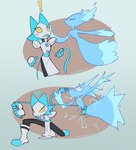 anthro blush blush_stickers duo electrocution exclamation_point female female/female heart_symbol open_mouth water whip wide_eyed maridiansnack deltarune undertale_(series) miss_mizzle tasque_manager elemental_creature humanoid water_creature hi_res