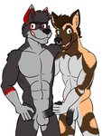 anthro balls duo erection genitals grin grope humanoid_genitalia humanoid_penis male male/male nude penis piercing simple_background smile tongue tongue_out toony mapdark african_wild_dog canid canine canis mammal wolf